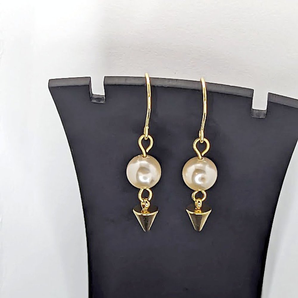Gold Handmade Vintage Simulated Pearl and Spike Linear Bead Dangle Earrings